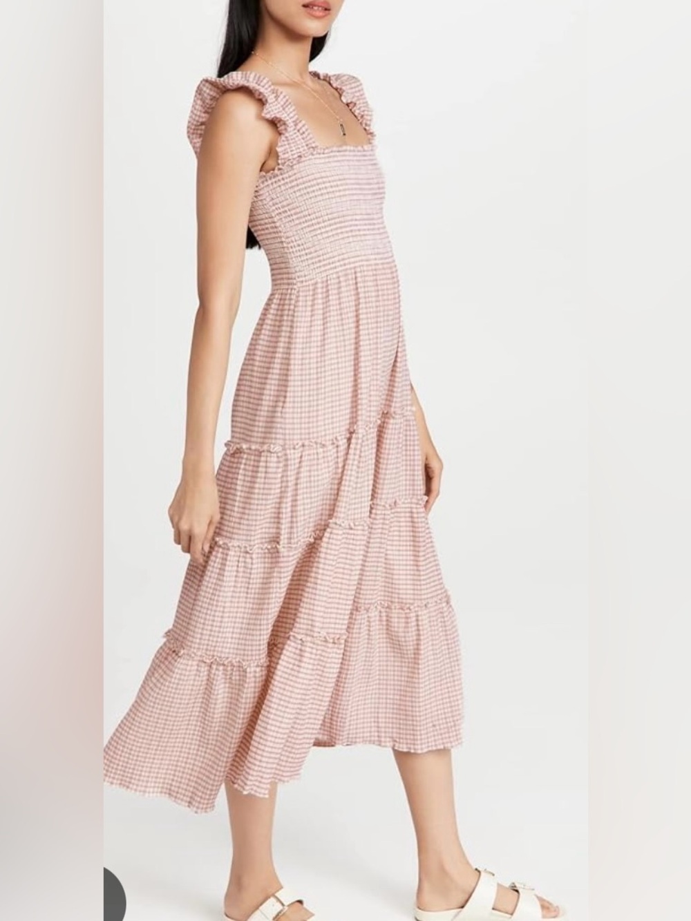 OPT Gingham Smocked Midi Dress Pink White Ruffle Straps Tiered XS